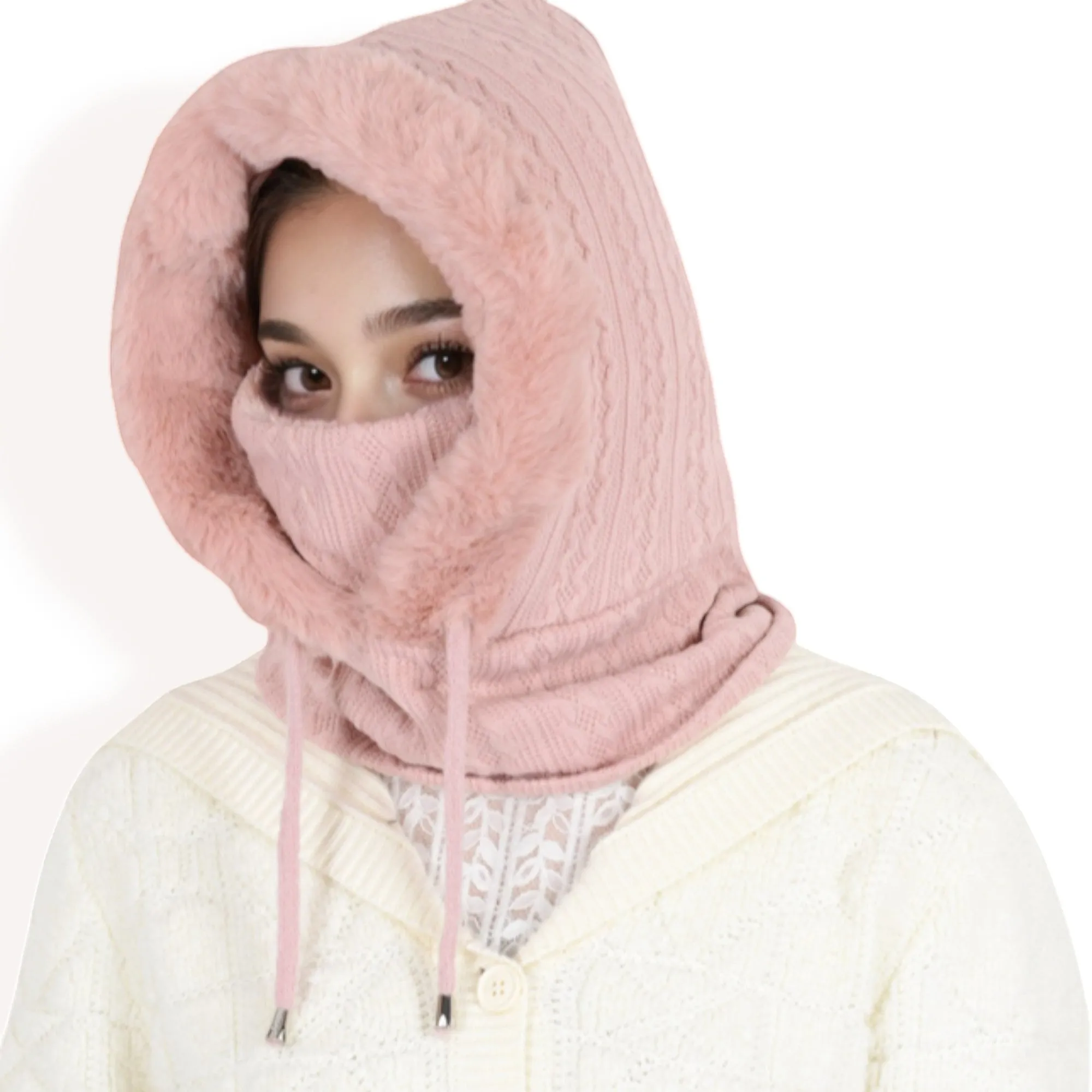 Anna-Kaci Women's Faux Fur Lined Knit Hooded Scarf with Adjustable Drawstring and Full Coverage for Winter Warmth