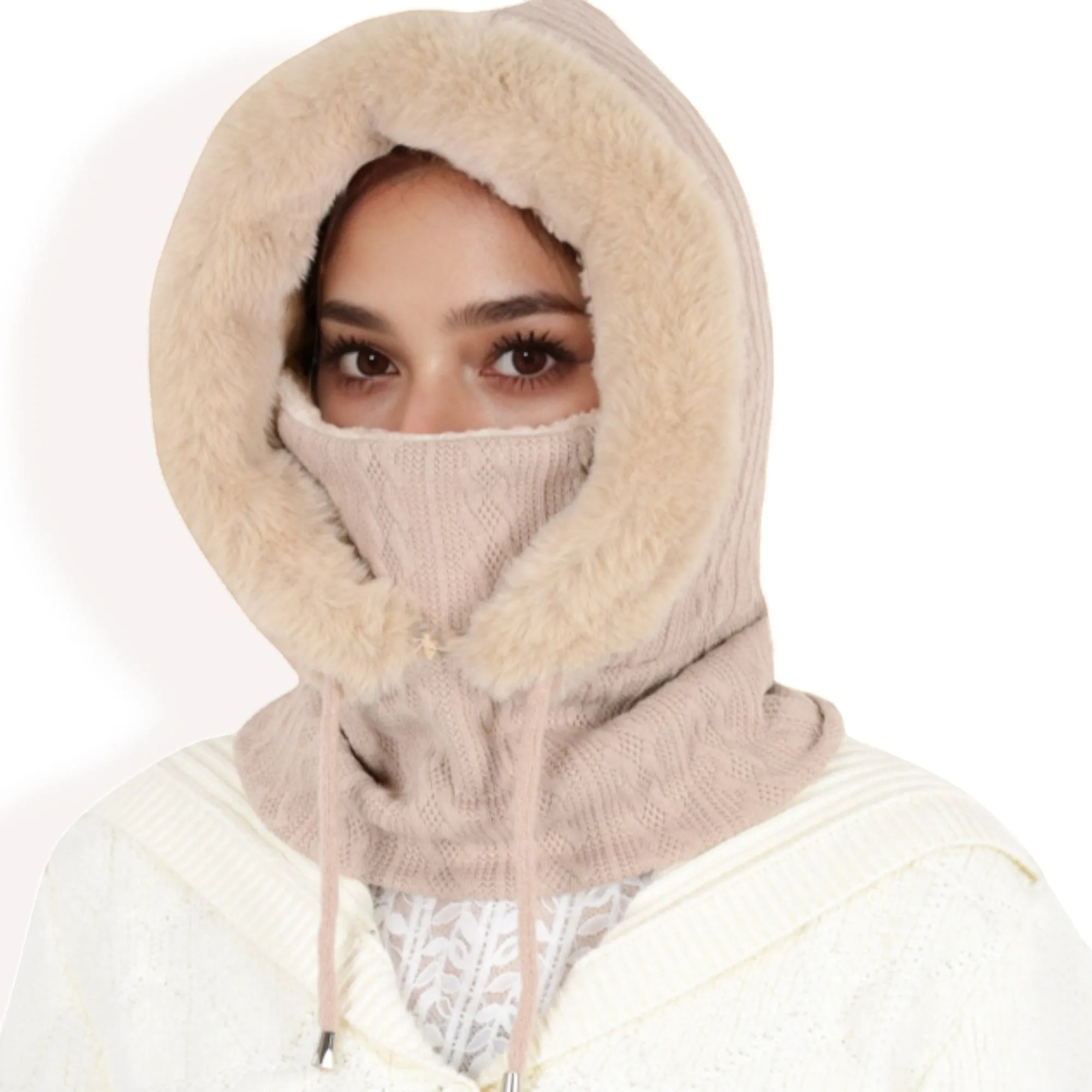 Anna-Kaci Women's Faux Fur Lined Knit Hooded Scarf with Adjustable Drawstring and Full Coverage for Winter Warmth