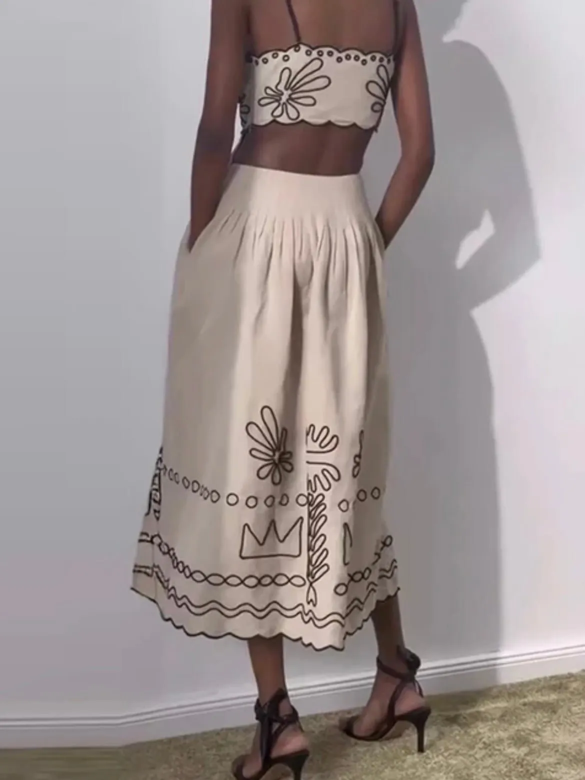 Beige with brown printed details maxi dress