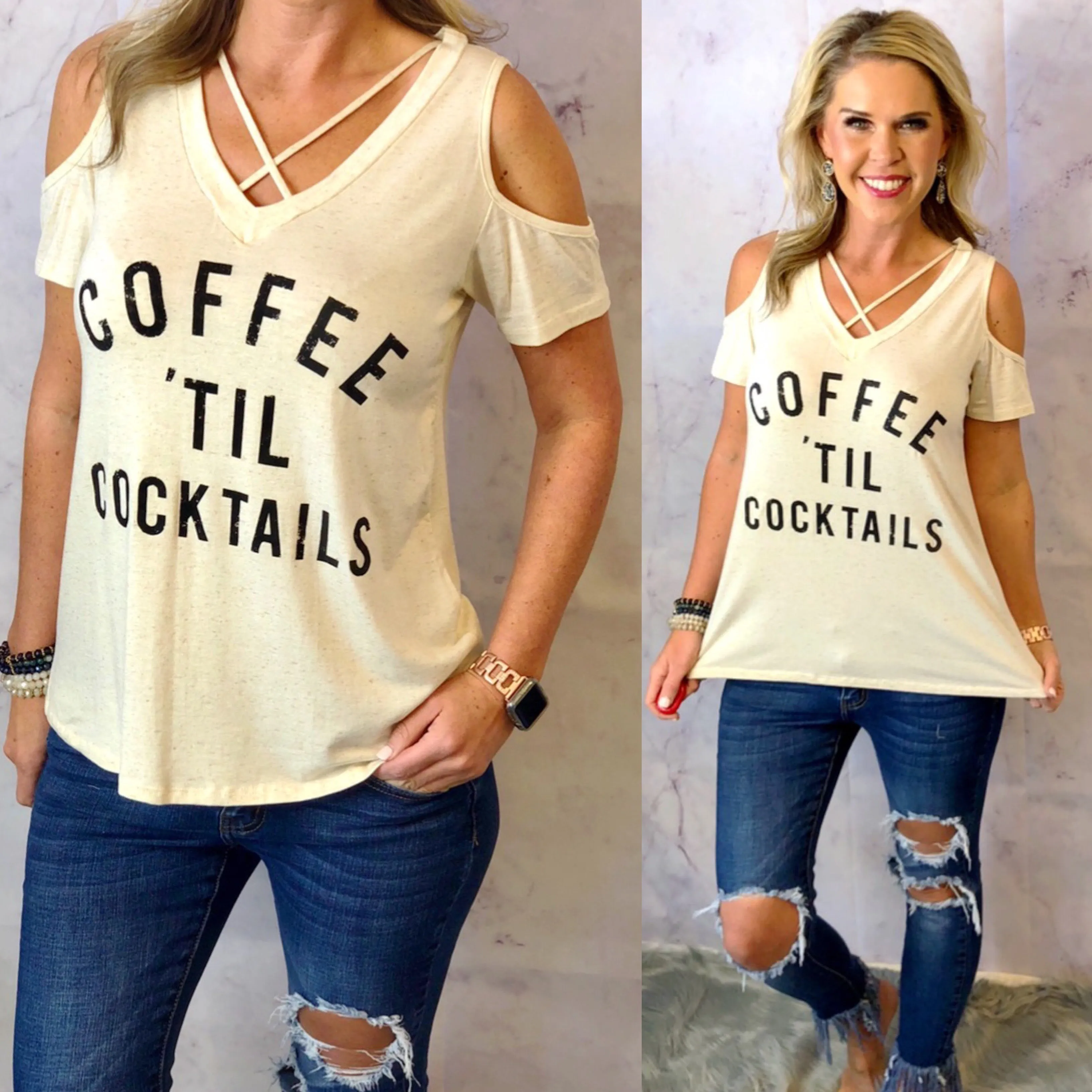 Coffee til' Cocktails Cold Shoulder Top