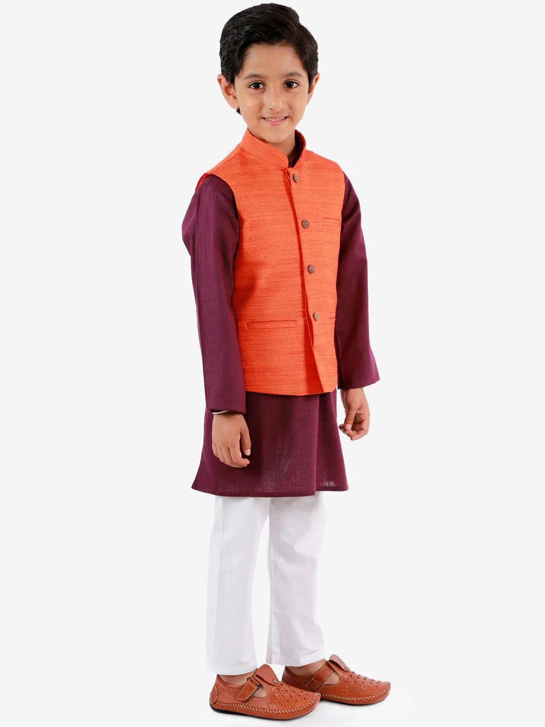 Jashvi Boys Orange, Purple And White Jacket, Kurta and Pyjama Set