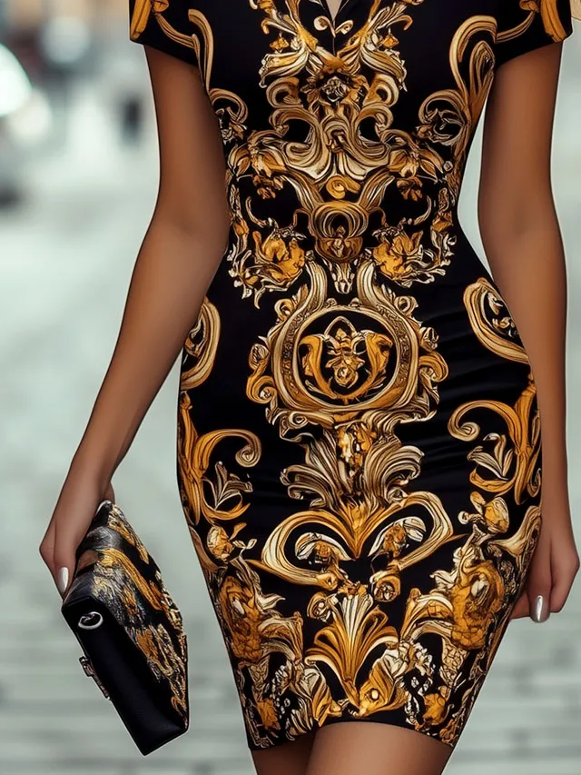 Retro Lapel Baroque Pattern Chiffon Pencil Dress