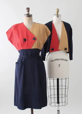 Vintage 1940s Tri Color Crepe Dress and Jacket