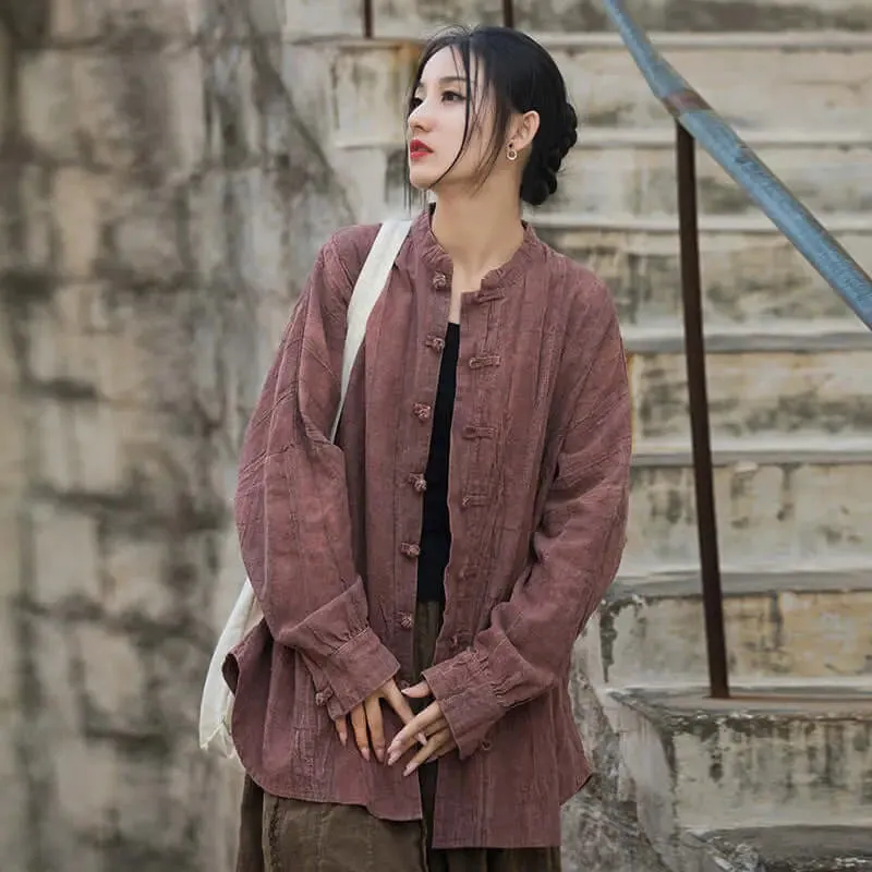 Vintage Spring Linen Women's Stand Collar Cardigan