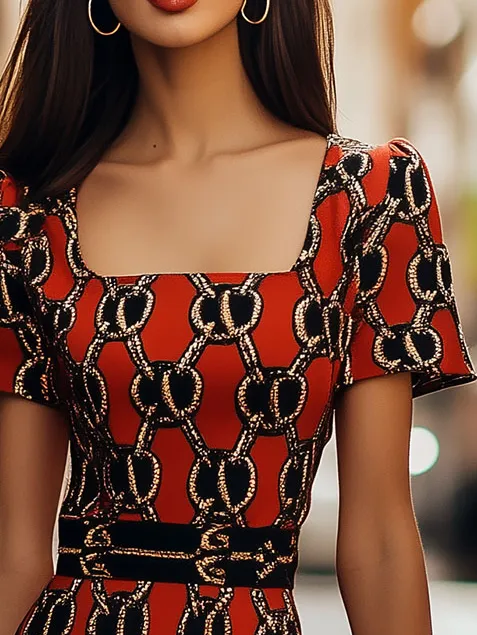 Vintage Square Neck Golden Chain Bodycon Dress